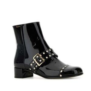 Prada 1T817N Women's Black Patent Leather Beaded Ankle Boot, sz 38.5